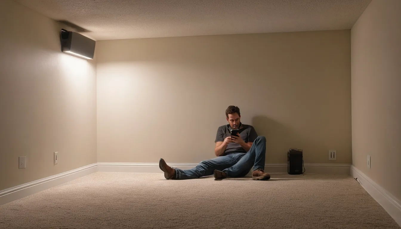 A homeowner photographing a basement corner to document a pest problem